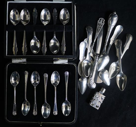 Two cased sets of silver tea spoons, one other Dutch set and other silver items.